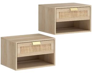 HOMCOM Set di 2 Comodini Sospesi con Cassetto in Rattan Ripiano Aperto Salva Spazio 40x30x25 cm Rovere | Aosom Italy