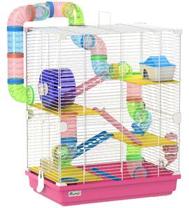 PawHut Gabbia per Criceti con Tunnel Piattaforme Ciotola Abbeveratoio Casetta Rampe e Ruota da Esercizio 46x30x58 cm Rosa | Aosom Italy