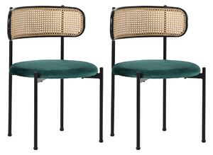 Set 2 sedie da pranzo in tessuto effetto velluto con Gambe in Metallo e Schienale in Rattan, 60x18x86 cm, Verde