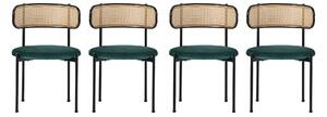 Set 4 sedie da pranzo in tessuto effetto velluto con Gambe in Metallo e Schienale in Rattan, 60x18x86 cm, Verde