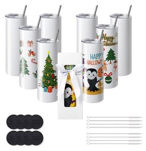 Confezione da 8 tazze a sublimazione diretta da 20 oz - Tazza vuota in acciaio inox a doppia parete, con cannuccia e coperchio - Incl. pennello, base, pellicola termoretraibile e confezione regalo - Per stampa e trasferimento termico