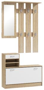 HOMCOM Mobile Appendiabiti 3 in 1 con Scarpiera e Specchio, Ganci e Cassetti, in Legno, 90x24x177 cm, Bianco e Quercia