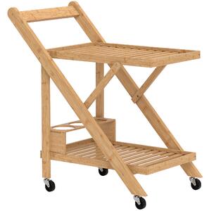 HOMCOM Carrello da Cucina Portavivande Pieghevole a 2 Livelli con Portabottiglie in Legno di Bambù