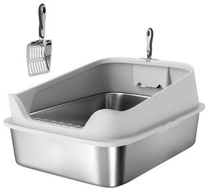 Lettiera per Gatti XXL 69,8x50,3x29,8 cm con Paletta Lati Alti Antiperdita Antiodore Fino a 12 kg in Acciaio Inox Grigio