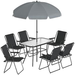 Outsunny Set da Giardino 8 pz con Ombrellone, 6 Sedie Pieghevoli e Tavolo da Esterno in Vetro Temperato, Nero | Aosom Italy