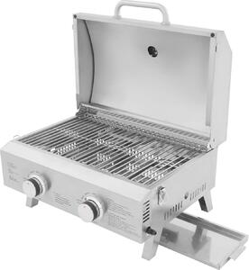 Barbecue a gas in acciaio inossidabile - Barbecue da tavolo - 2 bruciatori - Accensione piezoelettrica - Solo gas liquido (GPL) - Portatile per il campeggio - Spazzolato 430/304 - Grigio chiaro