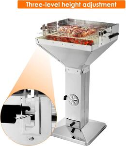 Barbecue a carbone in acciaio inox - Barbecue a colonna - Resistente alle intemperie - Griglia cromata regolabile in altezza - Vassoio raccogli cenere - Ventilazione - Accensione piezoelettrica - Grigio