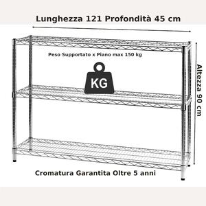 Scaffale cromato con 3 ripiani cromato in kit 45x121xh90 - peso 15,47 kg cm Cromo