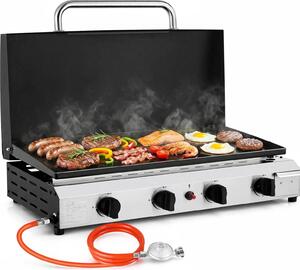 Griglia da tavolo Plancha - Griglia a gas - 4 bruciatori - Piastra di cottura piatta - Gas naturale - Accensione piezoelettrica - Con coperchio - Portatile - Bianco