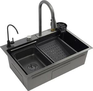 Set lavello da cucina / lavello - Vasca singola - Acciaio inossidabile - Con rubinetto - 1 foro - Rettangolare - Nero