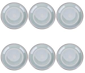 Set 6 piatti frutta, 4 Toni In gres dipinto a mano (stoneware) Con bordino marrone Misure: � 19,3 x h. 2,5 cm Lavabili in lavastoviglie Utilizzabili in microonde Colore verde salvia
