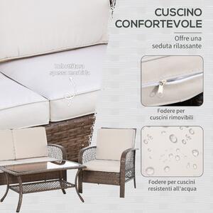 Outsunny Set Mobili da Giardino Rattan Marrone, Tavolino + Sedie + Divano 4Pz, Cuscini Imbottiti Cachi, Stile Elegante