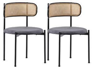 Set 2 sedie da pranzo in tessuto effetto velluto con Gambe in Metallo e Schienale in Rattan, 60x18x86 cm, Grigio
