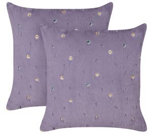 Set di 2 cuscini decorativi in tessuto poliestere shaggy viola con motivo floreale 45 x 45 cm Beliani