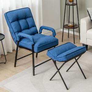 Costway Poltrona con poggiapiedi schienale reclinabile e telaio in metallo, Sedia poltroncina in tessuto moderna Blu