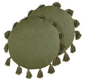 Set di 2 cuscini decorativi cotone verde 45 cm rotondi con nappe accessori decorativi moderni boho Beliani