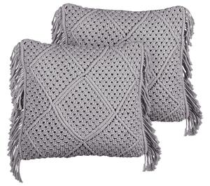 Set di 2 cuscini in cotone macramè con intrecciato con frange grigie 45 x 45 cm stile boho elegante Beliani
