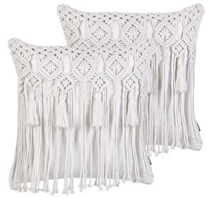 Set di 2 cuscini in cotone eacrame con motivo intrecciato bianco e frange 45 x 45 cm stile boho eleganti Beliani