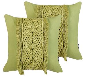 Set di 2 cuscini in cotone e macrame con motivo intrecciato e frange verde 45 x 45 cm stile boho elegante Beliani