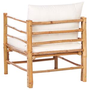Set da giardino modulare con divano a 3 post 2 poltrone e tavolino in bambù naturale con cuscini bianco crema esterno elegante Beliani