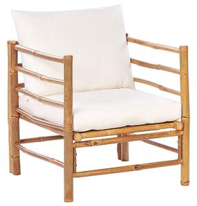 Set da giardino angolare 6 posti composto da divano, poltrona e tavolino in bambù naturale con cuscini bianco sporco esterno elegante Beliani