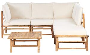 Set angolare da giardino modulare a 5 posti con divano e tavolino in bambù naturale e cuscini bianco crema esterno elegante Beliani