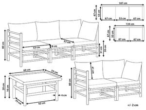 Set da giardino modulare con divani a 3 posti e a 2 posti e tavolino in bambù naturale con cuscini bianchi elegante per esterno Beliani