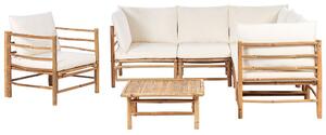 Set da giardino angolare 6 posti composto da divano, poltrona e tavolino in bambù naturale con cuscini bianco sporco esterno elegante Beliani