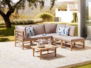 Set angolare da giardino modulare a 5 posti con divano e tavolino in bambù naturale e cuscini tortora esterno elegante Beliani