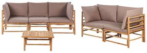 Set da giardino modulare con divani a 3 posti e a 2 posti e tavolino in bambù naturale con cuscini tortora esterno elegante Beliani