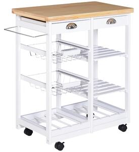 HOMCOM Carrello da Cucina con Ruote Cassetti e Portabottiglie Carrello Portabottiglie in Legno Bianco 74x37x76cm|Aosom