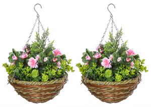 Outsunny Set di 2 Piante Finte Lisianthus da Appendere per Interno ed Esterno con Vaso in Vimini e Catenelle, Ф25x34cm, Rosa e Verde|Aosom
