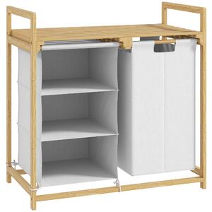 HOMCOM Cesto Portabiancheria con 2 Borse Estraibili, Maniglie e Ripiano in Bambù, 70x36x70 cm, Bianco