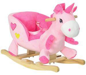 HOMCOM Cavallo a Dondolo Unicorno con 32 Canzoni, Base in Legno e Cintura di Sicurezza, Età 18-36 Mesi, Rosa|Aosom