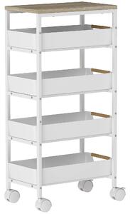 HOMCOM Carrello da Cucina a 5 Livelli con 4 Cesti Estraibili, in Metallo, PP e Legno, 39.5x24x82 cm, Bianco e Rovere | Aosom Italy