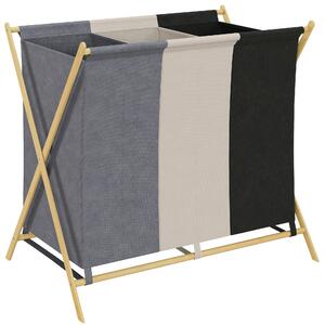 HOMCOM Cesto Portabiancheria Pieghevole a 3 Scomparti, in Bambù e Tessuto Effetto Lino, 75x48x67 cm, Multicolore | Aosom Italy