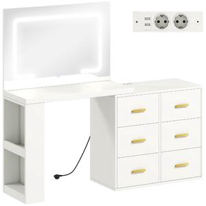 HOMCOM Toeletta da Camera con Specchio e Luci LED Regolabili, 6 Cassetti, 2 Ripiani e Prese Elettriche, Bianco | Aosom Italy