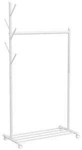 HOMCOM Appendiabiti da Terra con Ruote, 5 Ganci e Ripiano Inferiore Porta Scarpe, in Metallo, Portata 9 kg, Bianco | Aosom Italy