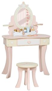 AIYAPLAY Set Toeletta con Specchio e Sgabello in Legno 2 in 1 per Bambini con 7 Accessori Inclusi, Rosa | Aosom Italy