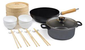 Wok Set 22 Pezzi Carbon Steel per Cucina Giapponese con Casseruola Collection Kyoyo Nero