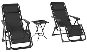 Outsunny Set di 2 Sedie Sdraio da Giardino Zero Gravity e Tavolino con Portabicchieri, Set Sedie Pieghevoli con Poggiatesta e Tessuto Traspirante, Schienale Regolabile a 5 livelli, Nero | Aosom Italy