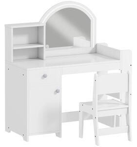 AIYAPLAY Set Toeletta Trucco per Bambini 2 in 1 con Specchio, Sedia, Luce LED, Armadietto, Scaffali e Libreria, Bianco | Aosom Italy
