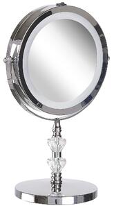 Specchio da tavolo illuminato in metallo argentato ø 20 cm con luci LED d'ingrandimento bifacciali Beliani