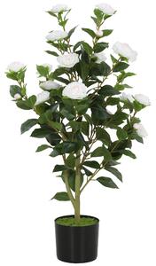 HOMCOM Pianta Finta di Camelia con Fiori Realistici, 176 Foglie in PEVA e Vaso Nero in PP Riempito in Cemento, Bianco | Aosom Italy