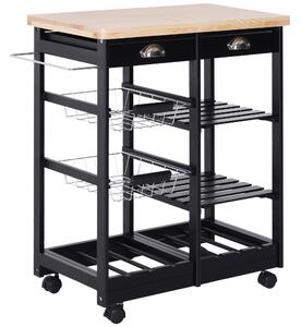 HOMCOM Carrello Cucina Portafrutta con Ruote Cassetti e Portabottiglie Salvaspazio in Legno MultifunzioneNero 74x37x76cm|Aosom