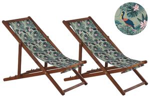 Set di 2 sedie a sdraio da giardino con struttura in legno di acacia scuro con motivo pellicano sedile ad amaca reclinabile pieghevole Tele di Sostituzione Beliani