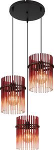 Lampada a sospensione, metallo, vetro rosso, 3 fiamme