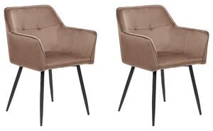 Set di 2 sedie da pranzo con sedile imbottito in velluto marrone con braccioli e gambe in metallo Nero Beliani