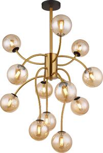 Plafoniera LED, globi in vetro ambrato, 12 fiamme, H 93 cm