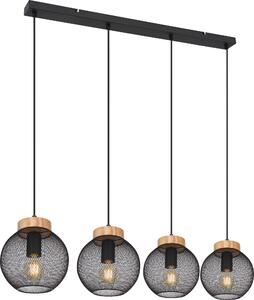 Lampada a sospensione Globo Lighting, struttura in metallo nero opaco, elementi in legno marrone e intreccio metallico nero opaco, cavo in PVC nero, altezza regolabile, dimensioni: 950x200x1200 mm, esclusa lampadina: 4 x E27, 40W, 230V